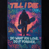 Back graphic on Snowboard Till I Die hoodie with rhinestone embellishments, Winter 2025