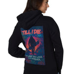 Back view of Snowboard Till I Die hoodie with bold rhinestone snowboard graphic, Winter 2025