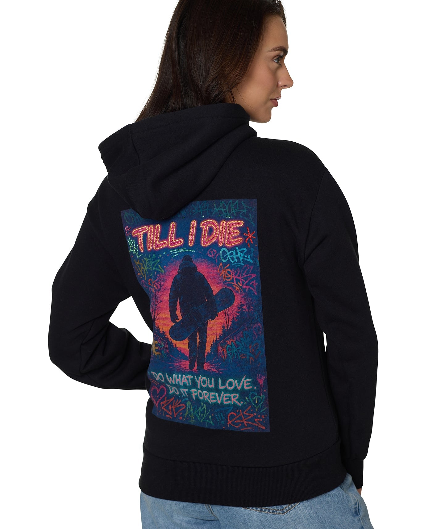 Back view of Snowboard Till I Die hoodie with bold rhinestone snowboard graphic, Winter 2025