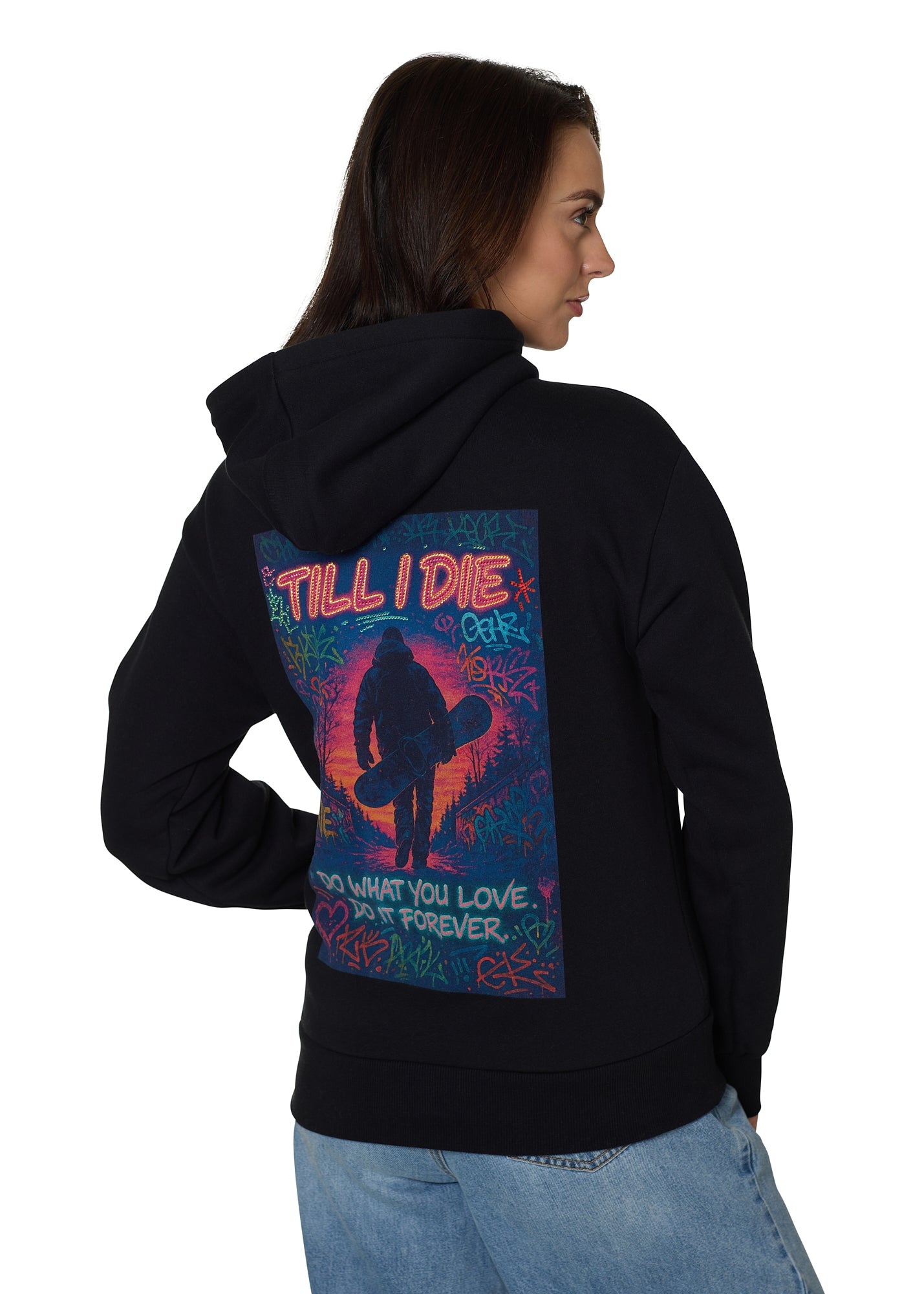Back view of Snowboard Till I Die hoodie with bold rhinestone snowboard graphic, Winter 2025
