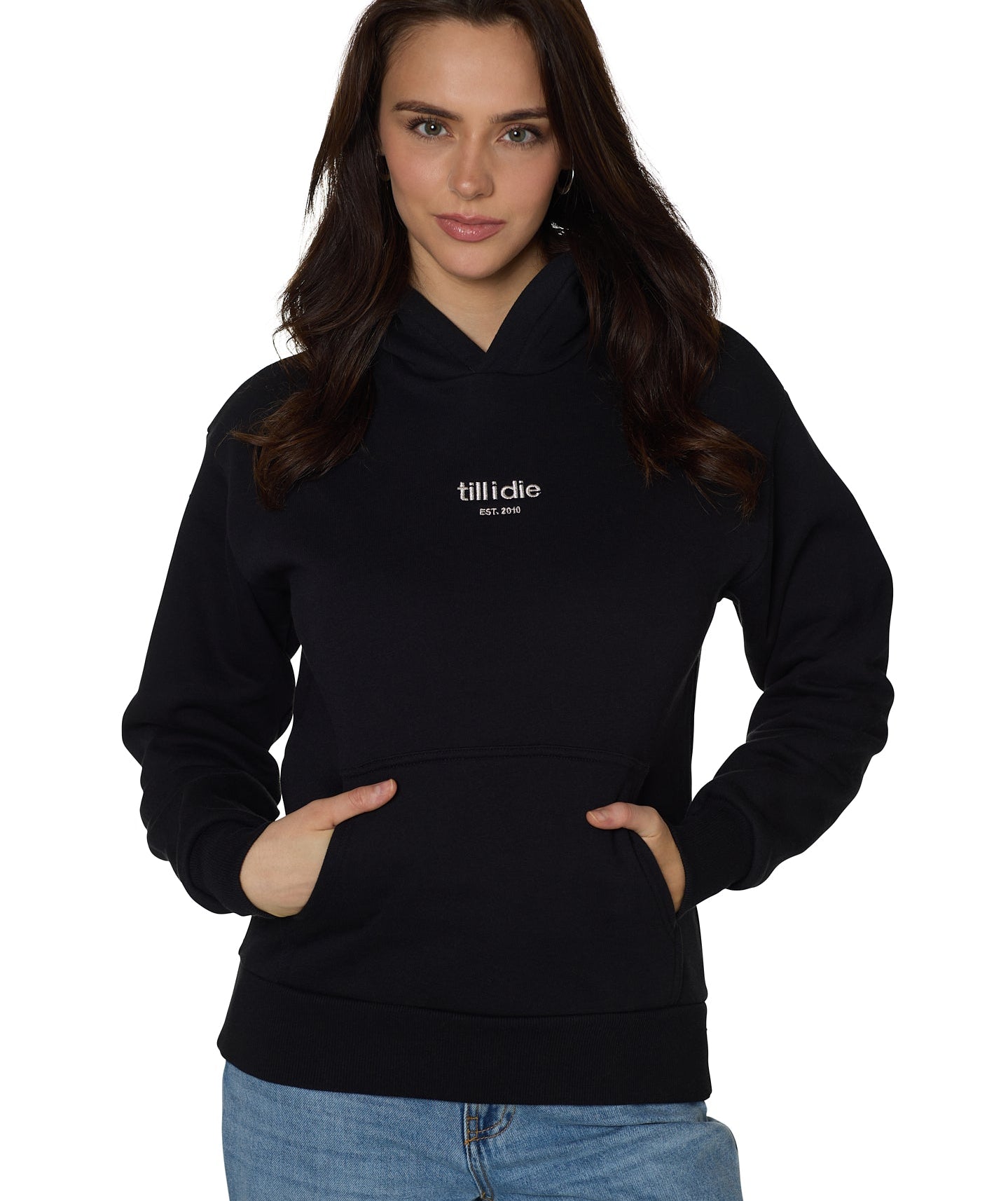Female model wearing Snowboard Till I Die Rhinestone hoodie in black, front view, Winter 2025 collection