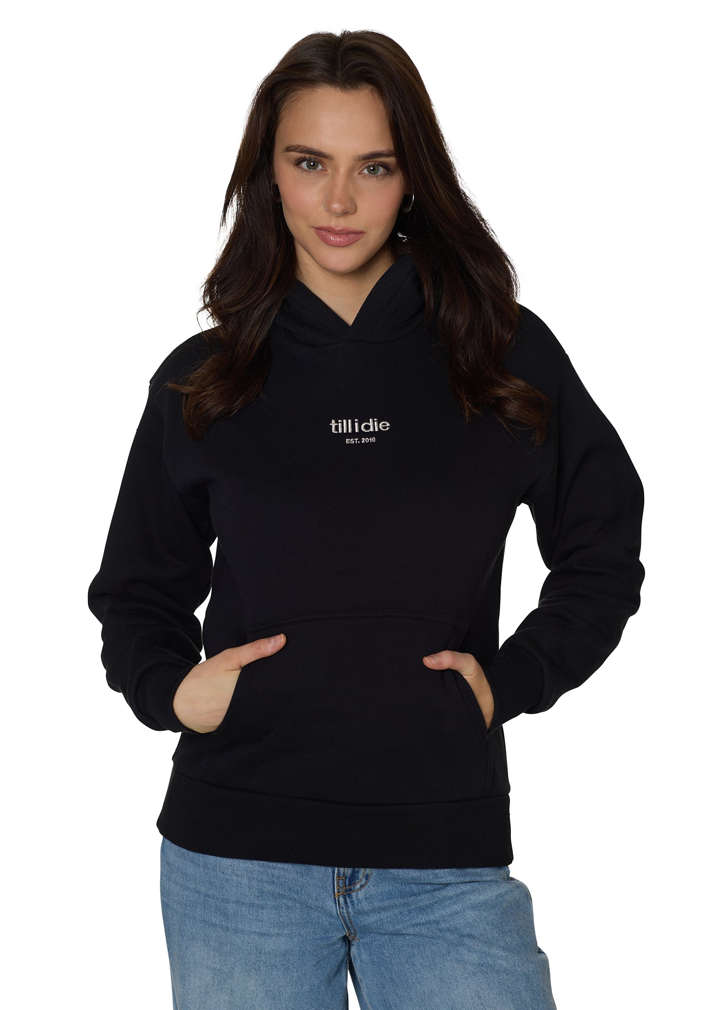 Female model wearing Snowboard Till I Die Rhinestone hoodie in black, front view, Winter 2025 collection