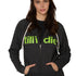 female model wearing a charcoal zip hoodie with lime green till i die written across the front