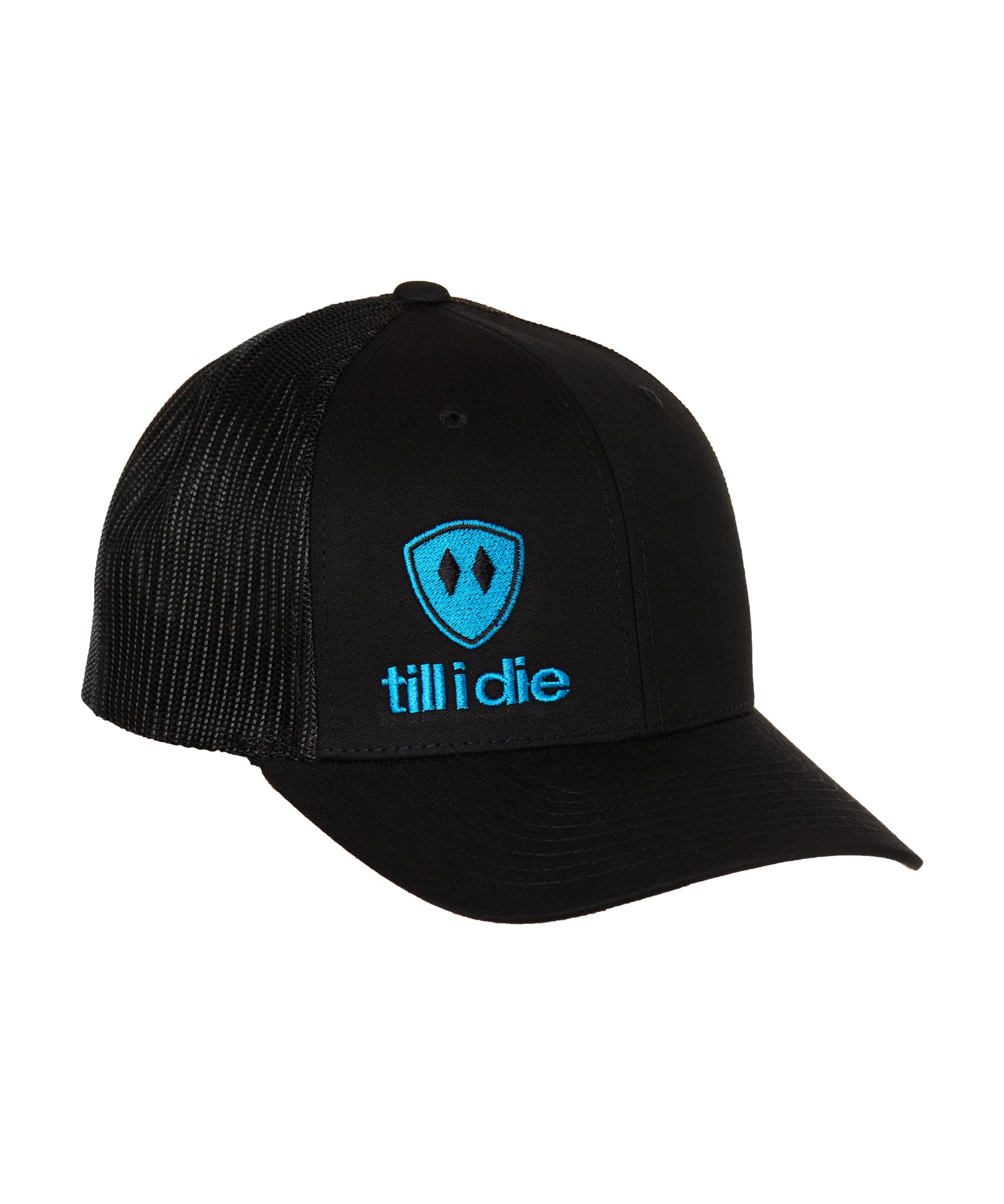 Black cap with blue logo on a white background