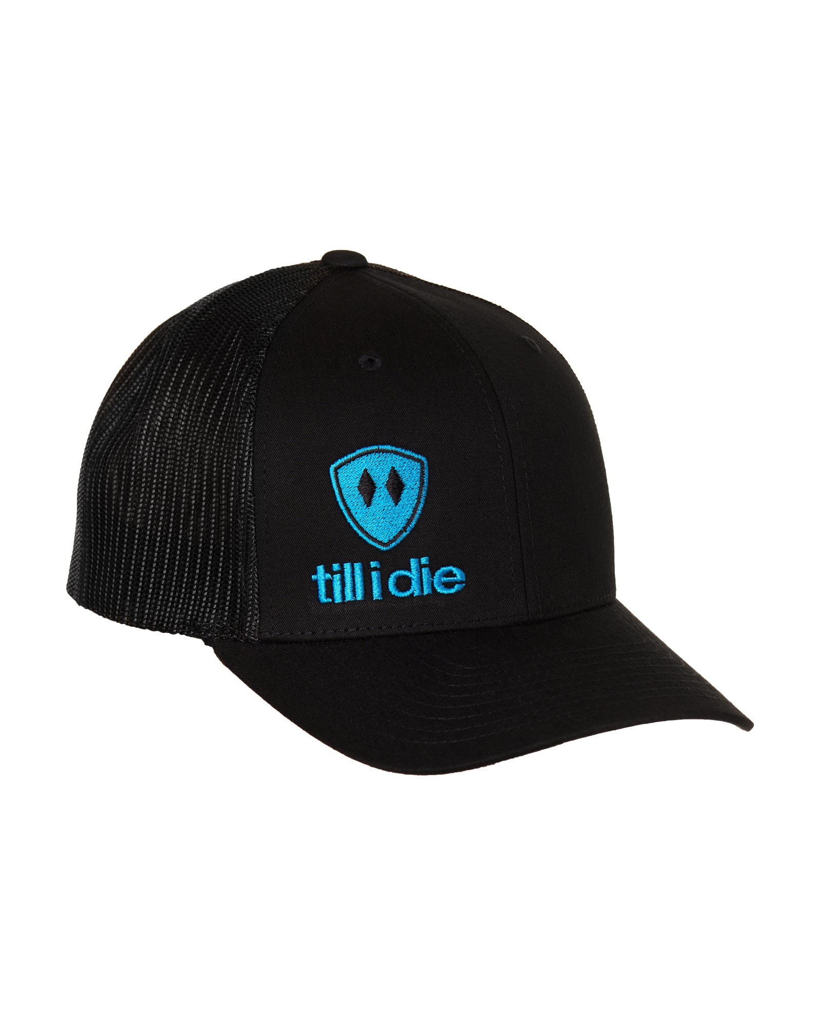 Black cap with blue logo on a white background