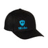 Front view of a black classic trucker hat, featuring a blue embroidered Till I Die logo with double black diamonds and a blue shield on the lower right front panel on a white background.