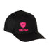 Front view of a black classic trucker hat, featuring a hot pink embroidered Till I Die logo with double black diamonds and a hot pink shield on the lower right front panel on a white background.