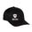 Front view of a black classic trucker hat, featuring a white embroidered Till I Die logo with double black diamonds and a white shield on the lower right front panel on a white background.
