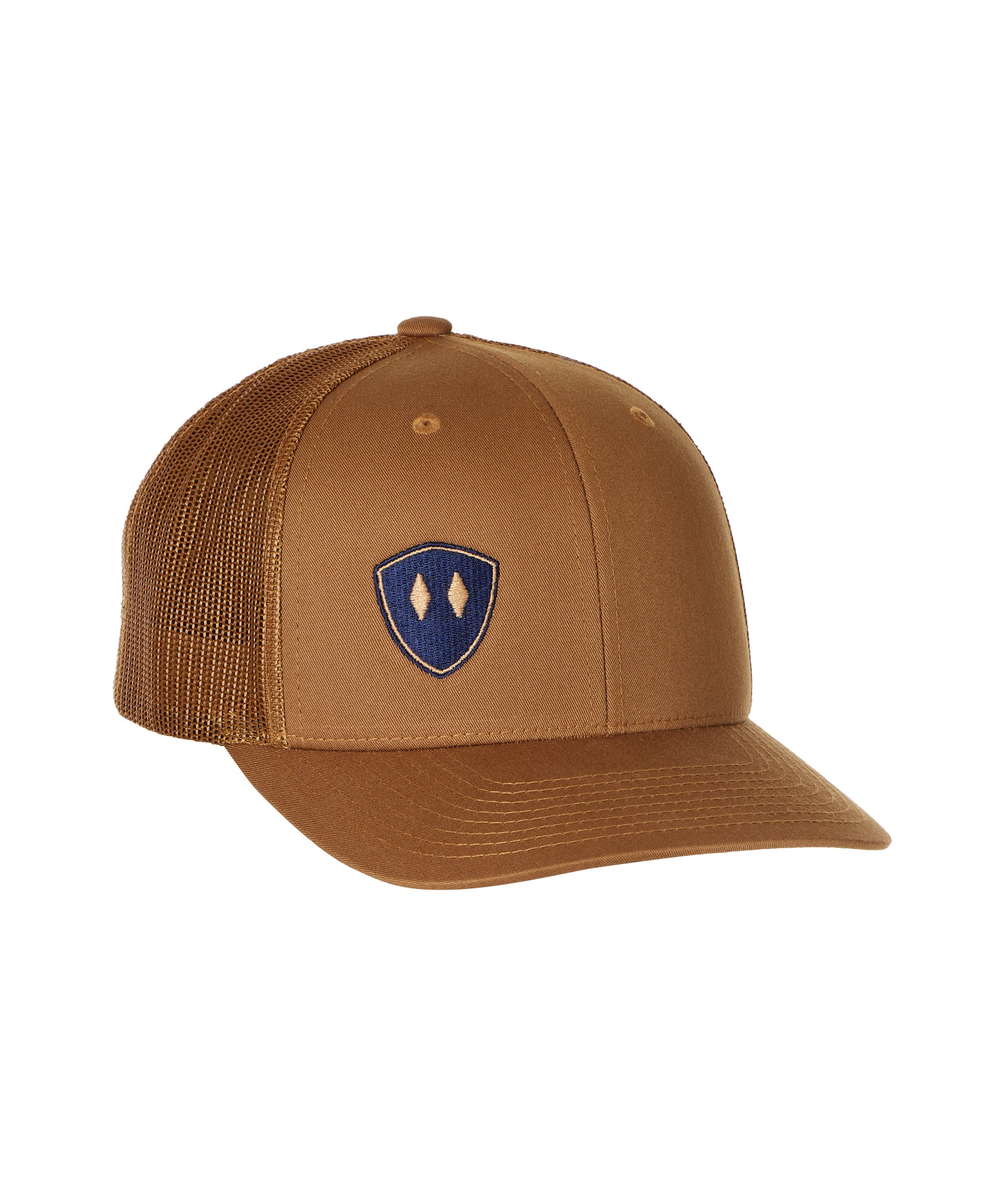 caramel trucker hat with a navy double diamond shield logo on a white background