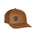 caramel trucker hat with a navy double diamond shield logo on a white background