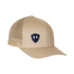 TAN TRUCKER HAT WITH NAVY DOUBLE DIAMOND LOGO ON A WHITE BACKGROUND