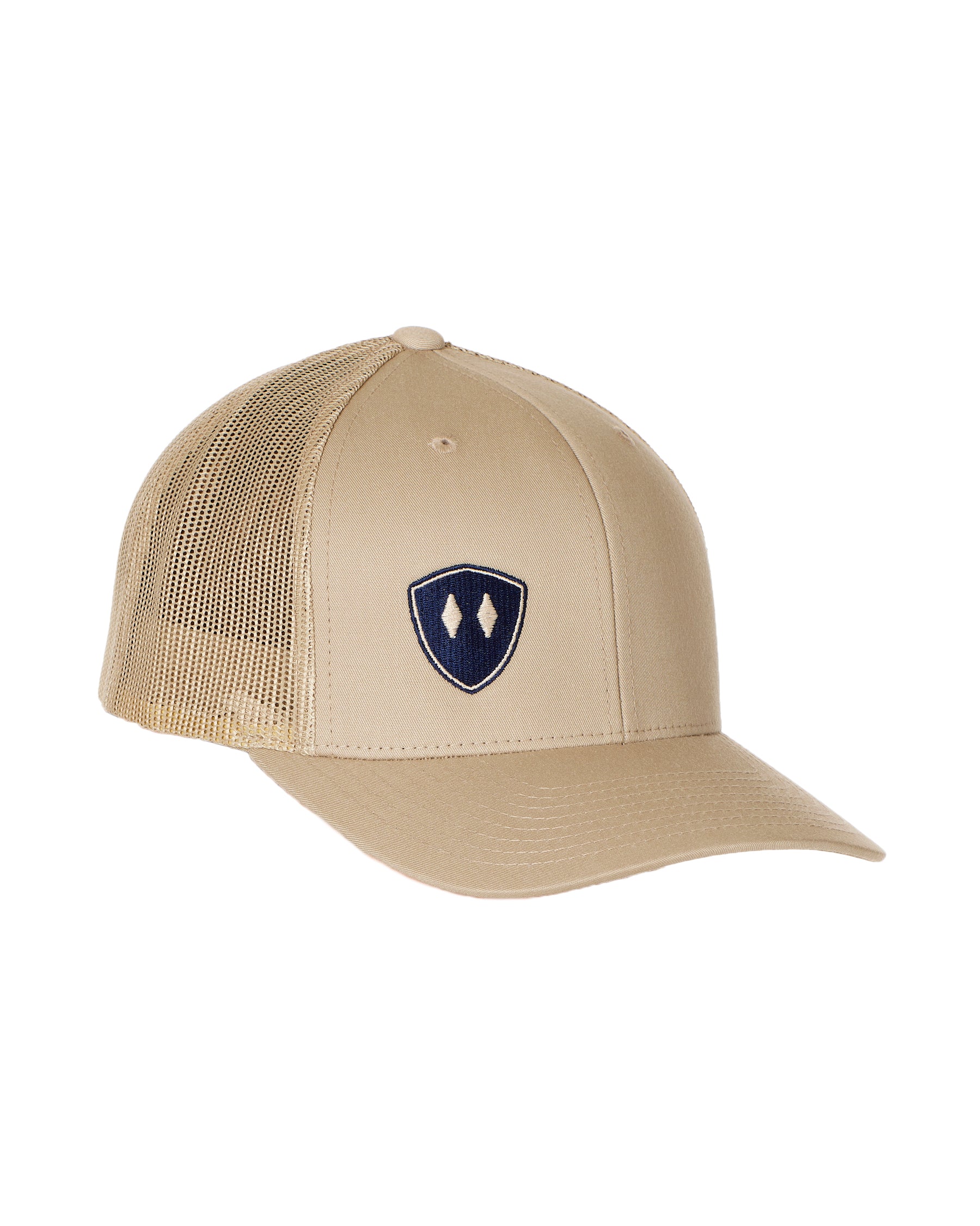TAN TRUCKER HAT WITH NAVY DOUBLE DIAMOND LOGO ON A WHITE BACKGROUND