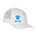 Front view of a white classic trucker hat, featuring a blue embroidered Till I Die logo with double white diamonds and a blue shield on the lower right front panel on a white background.