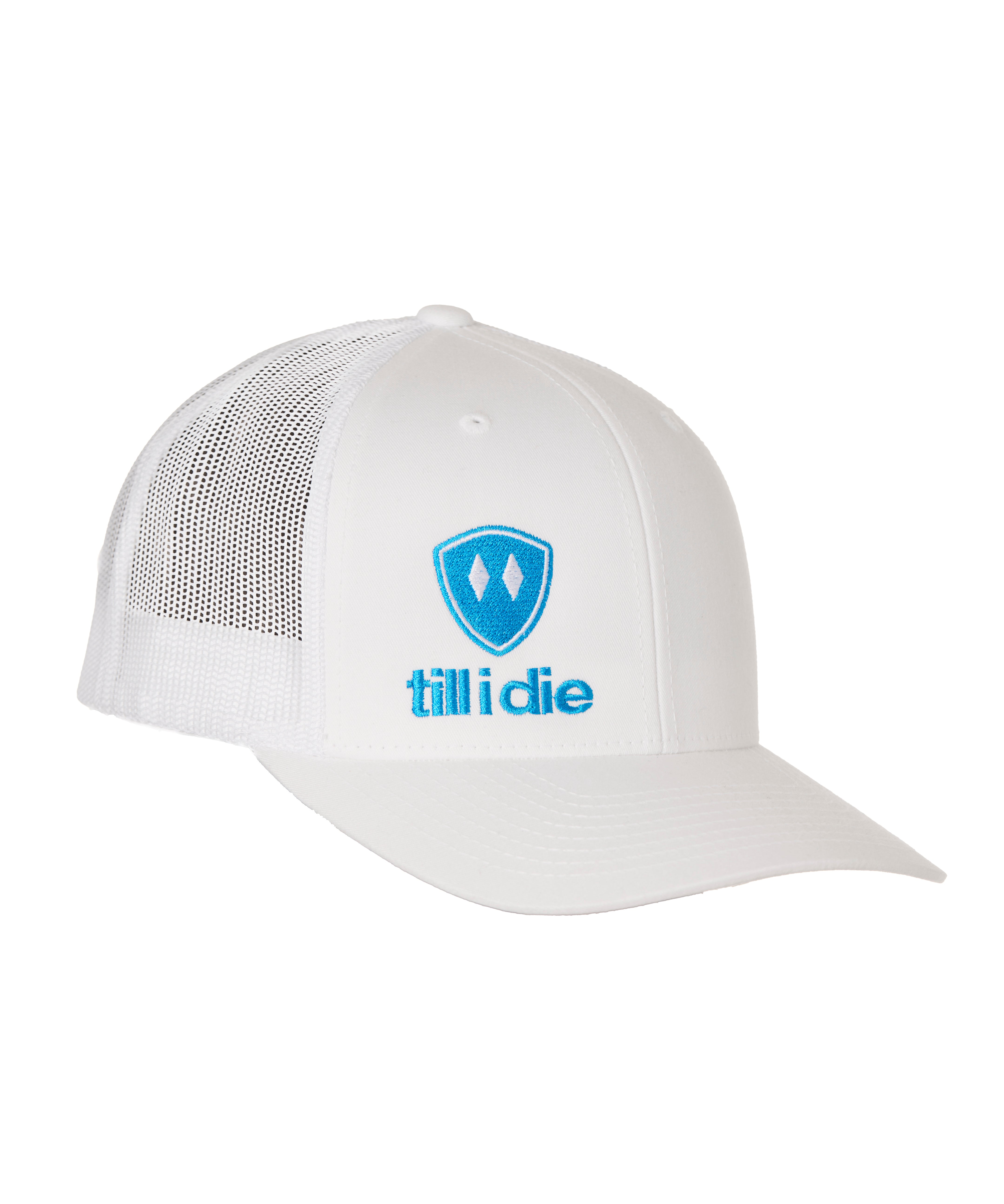 Front view of a white classic trucker hat, featuring a blue embroidered Till I Die logo with double white diamonds and a blue shield on the lower right front panel on a white background.