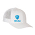Front view of a white classic trucker hat, featuring a blue embroidered Till I Die logo with double white diamonds and a blue shield on the lower right front panel on a white background.