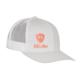 Front view of a white classic trucker hat, featuring a coral embroidered Till I Die logo with double white diamonds and a coral shield on the lower right front panel on a white background.
