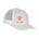 Front view of a white classic trucker hat, featuring a coral embroidered Till I Die logo with double white diamonds and a coral shield on the lower right front panel on a white background.