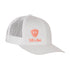 Front view of a white classic trucker hat, featuring a coral embroidered Till I Die logo with double white diamonds and a coral shield on the lower right front panel on a white background.