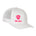 Front view of a white classic trucker hat, featuring a hot pink embroidered Till I Die logo with double white diamonds and a hot pink shield on the lower right front panel on a white background.