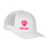 Front view of a white classic trucker hat, featuring a hot pink embroidered Till I Die logo with double white diamonds and a hot pink shield on the lower right front panel on a white background.