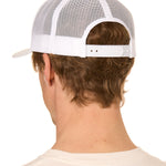 Back view of a male model wearing a classic white trucker hat featuring the mesh back panels and matching white snapback closure