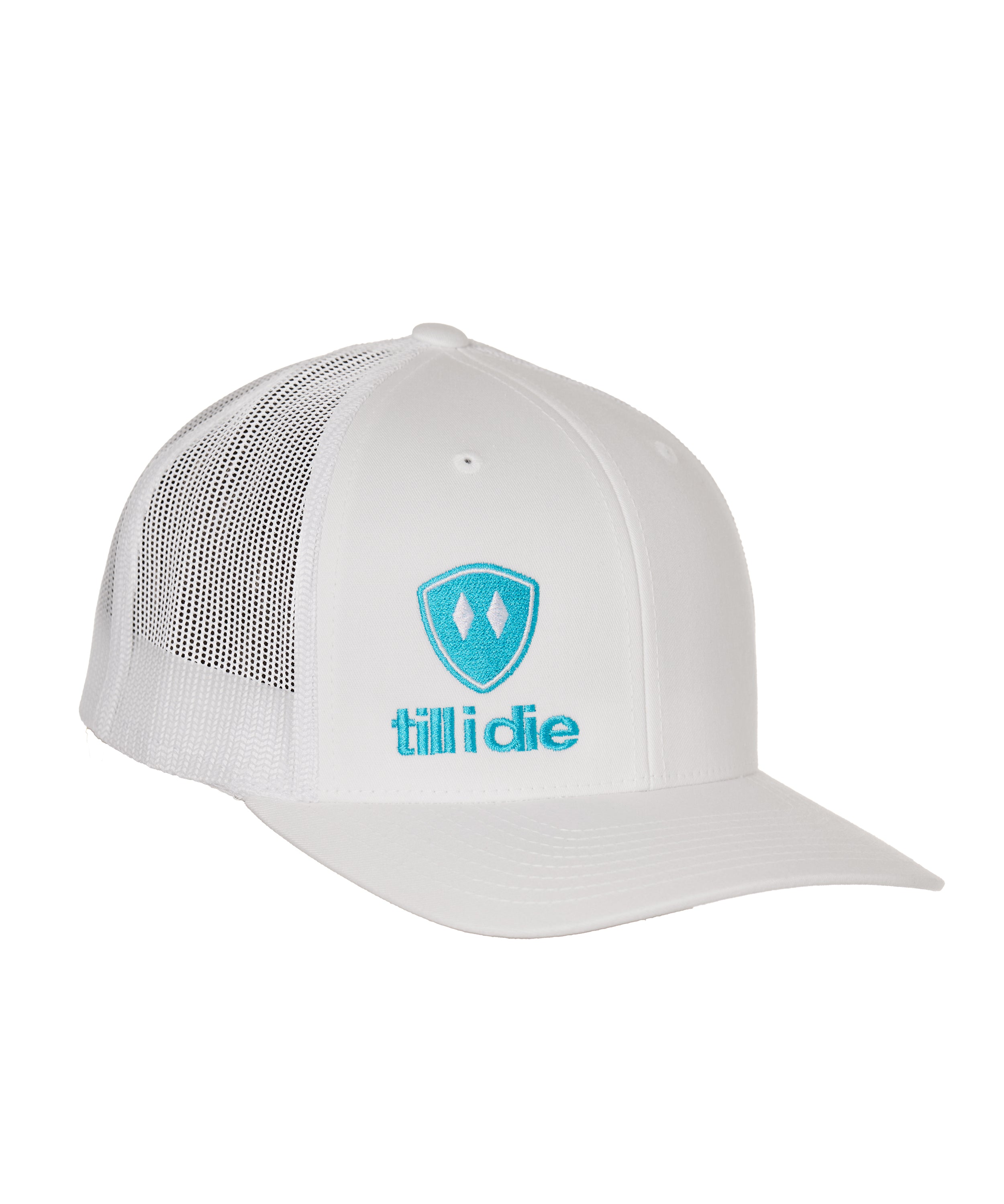 Front view of a white classic trucker hat, featuring a teal embroidered Till I Die logo with double white diamonds and a teal shield on the lower right front panel on a white background.