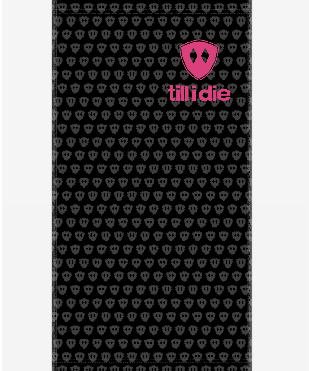 Front view of a neck gaiter on a white background, featuring a grey double diamond shield pattern on a black base, with a hot pink Till I Die logo on the wearer’s upper left.