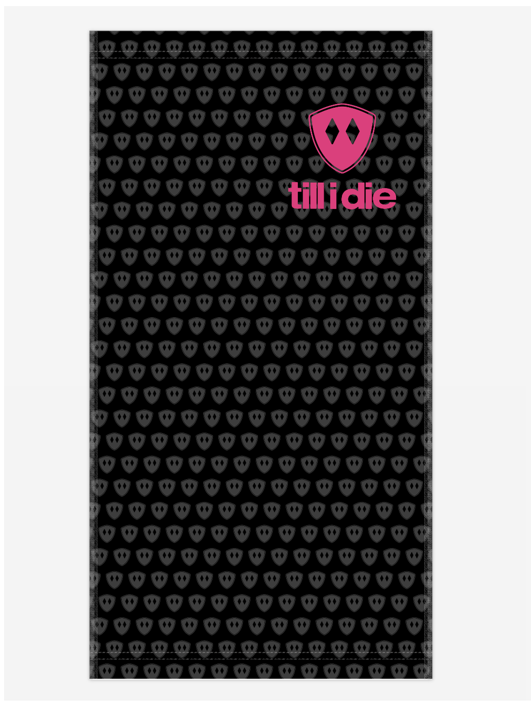Front view of a neck gaiter on a white background, featuring a grey double diamond shield pattern on a black base, with a hot pink Till I Die logo on the wearer’s upper left.