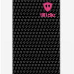 Front view of a neck gaiter on a white background, featuring a grey double diamond shield pattern on a black base, with a hot pink Till I Die logo on the wearer’s upper left.