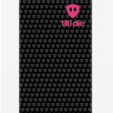 Front view of a neck gaiter on a white background, featuring a grey double diamond shield pattern on a black base, with a hot pink Till I Die logo on the wearer’s upper left.