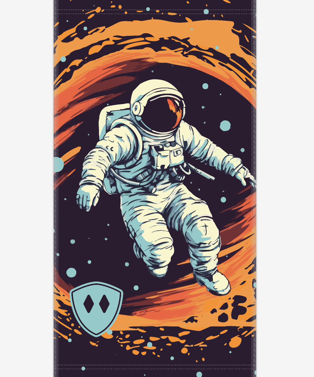 Front view of a neck gaiter displayed on a white background, featuring an astronaut graphic set against a swirling multicolor cosmic backdrop, accented with a light blue Till I Die double diamond shield logo on the wearer’s lower right.