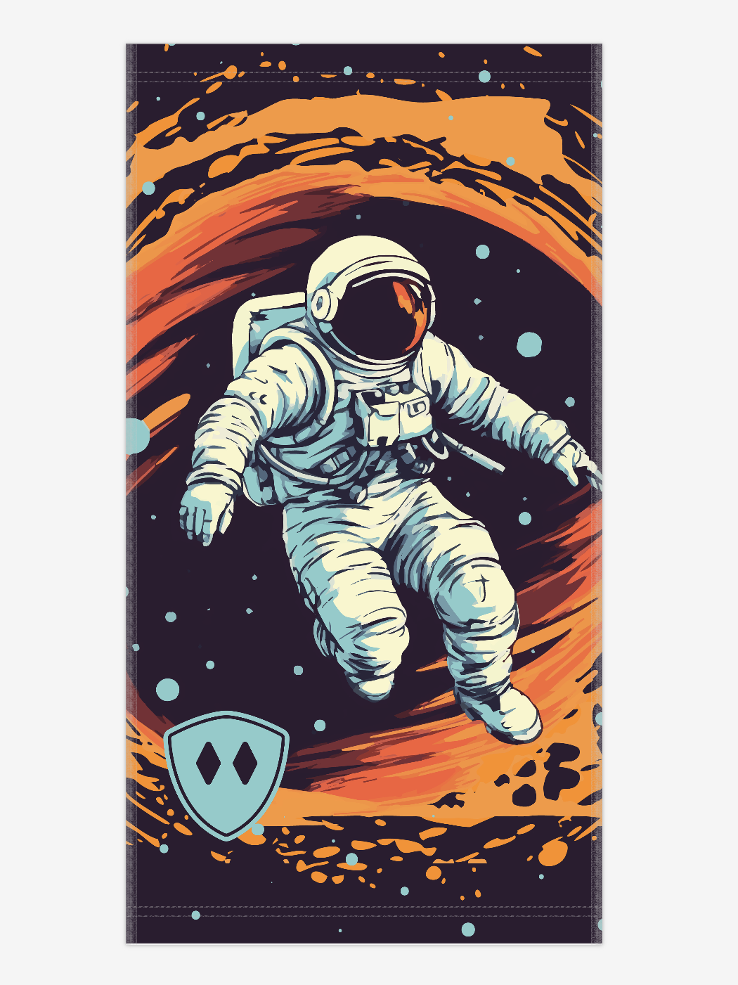 Front view of a neck gaiter displayed on a white background, featuring an astronaut graphic set against a swirling multicolor cosmic backdrop, accented with a light blue Till I Die double diamond shield logo on the wearer’s lower right.