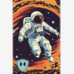 Front view of a neck gaiter displayed on a white background, featuring an astronaut graphic set against a swirling multicolor cosmic backdrop, accented with a light blue Till I Die double diamond shield logo on the wearer’s lower right.