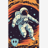 Front view of a neck gaiter displayed on a white background, featuring an astronaut graphic set against a swirling multicolor cosmic backdrop, accented with a light blue Till I Die double diamond shield logo on the wearer’s lower right.