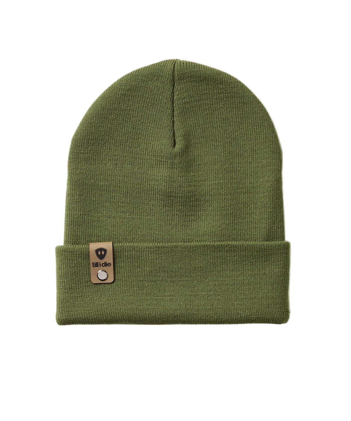Military green cuffed beanie shown on a white background, featuring a black Till I Die logo with the double diamond shield embossed on a leather tab, secured with a nickel fastener.