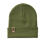 Military green cuffed beanie shown on a white background, featuring a black Till I Die logo with the double diamond shield embossed on a leather tab, secured with a nickel fastener.