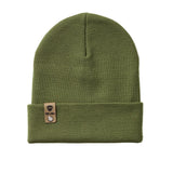 Military green cuffed beanie shown on a white background, featuring a black Till I Die logo with the double diamond shield embossed on a leather tab, secured with a nickel fastener.