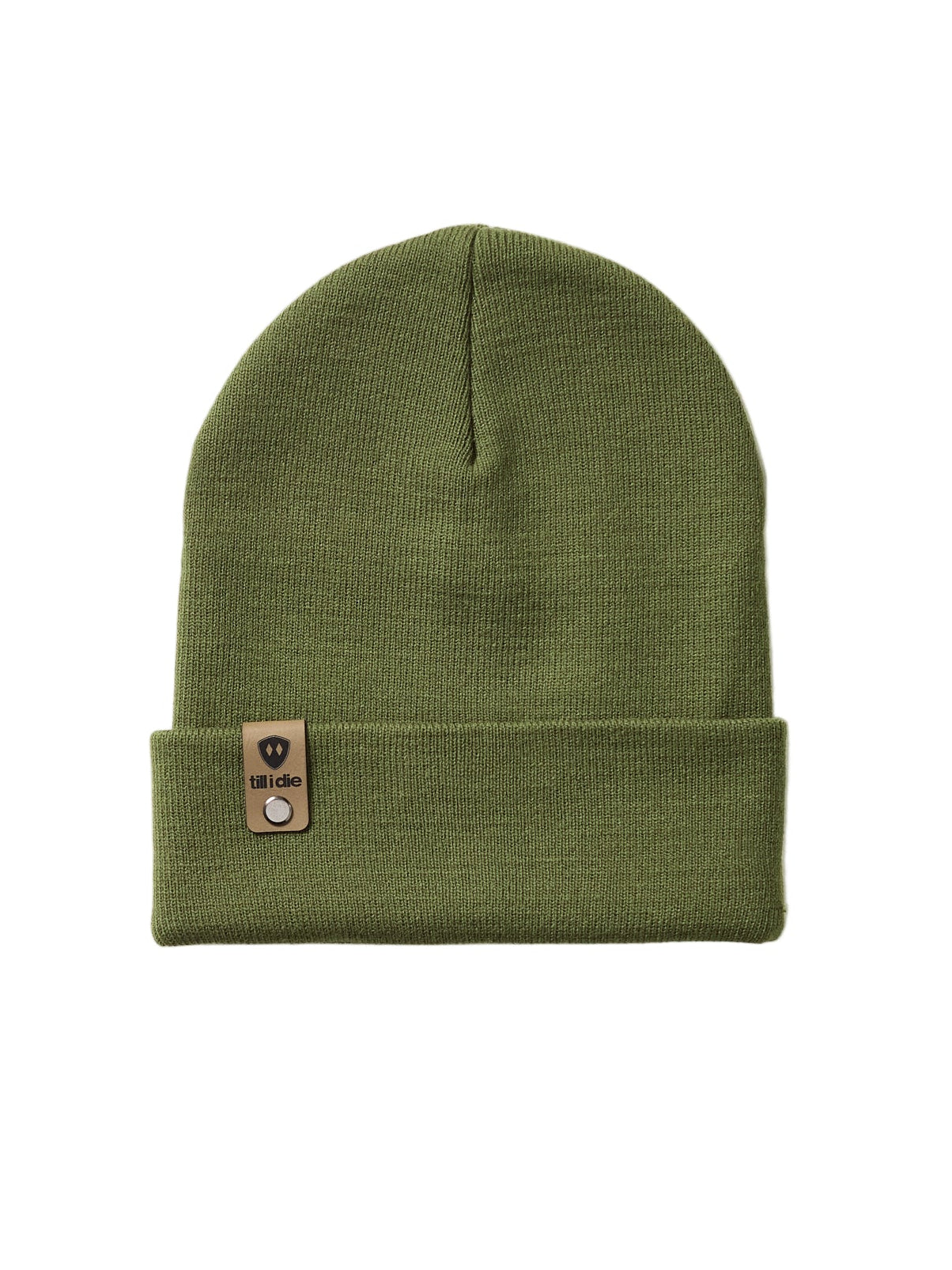 Military green cuffed beanie shown on a white background, featuring a black Till I Die logo with the double diamond shield embossed on a leather tab, secured with a nickel fastener.