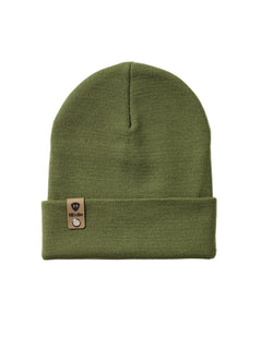 Military green cuffed beanie shown on a white background, featuring a black Till I Die logo with the double diamond shield embossed on a leather tab, secured with a nickel fastener.