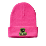 Bright pink cuffed beanie displayed on a white background, featuring a soft chenille patch of the Till I Die logo in lime green and black with the double diamond shield.
