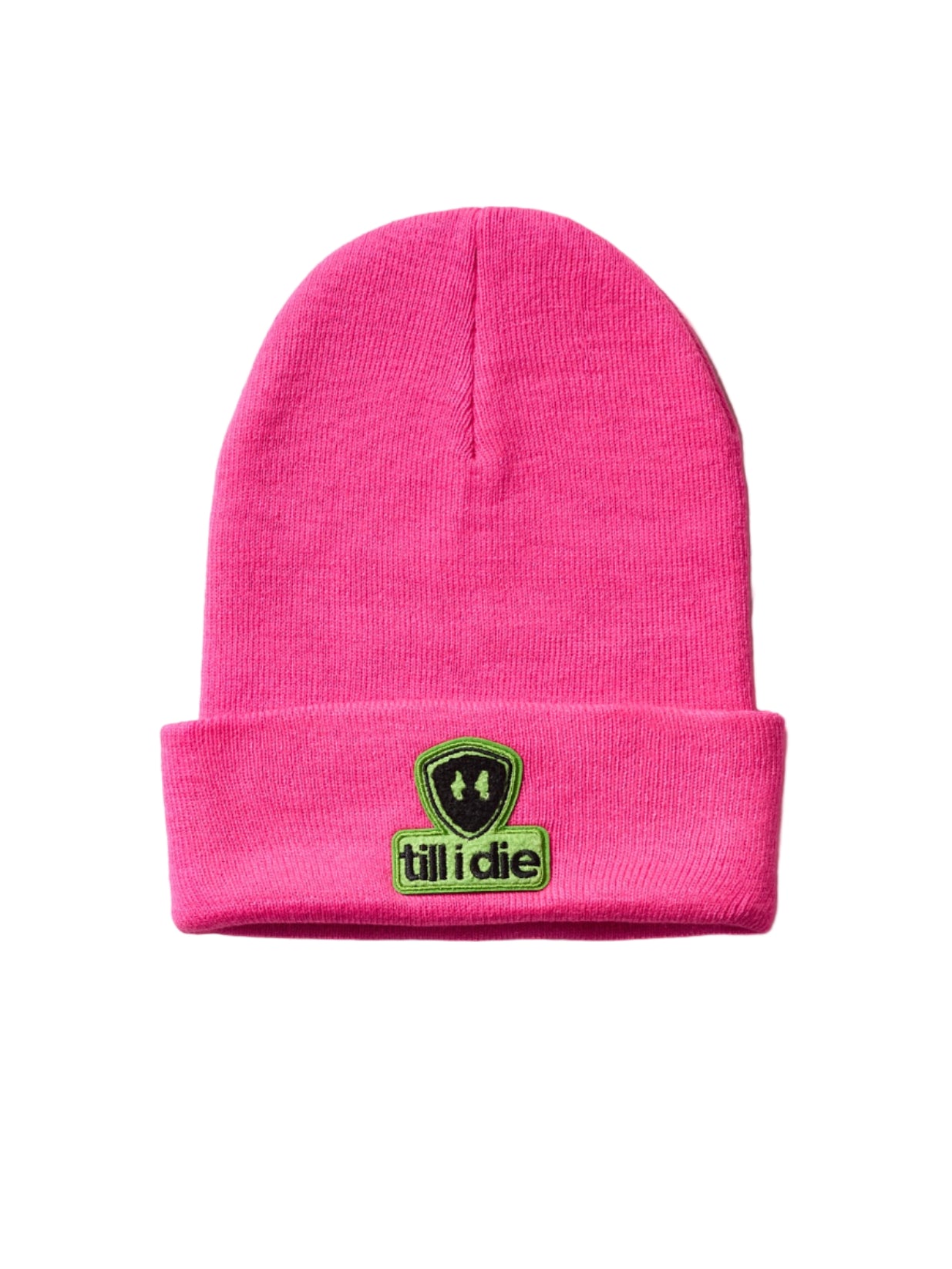 Bright pink cuffed beanie displayed on a white background, featuring a soft chenille patch of the Till I Die logo in lime green and black with the double diamond shield.