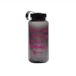 front view of the black till i die reusable water bottle. The graphic features hot pink, handwritten style 'Do what you love. do it forever.' text