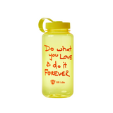 front view of the yellow till i die reusable water bottle. The graphic features orange, handwritten style 'Do what you love. do it forever.' text